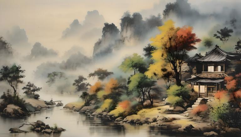 Chinese Paintings,Chinese Paintings, Nature, landscape, no humans, tree, scenery, outdoors, rock