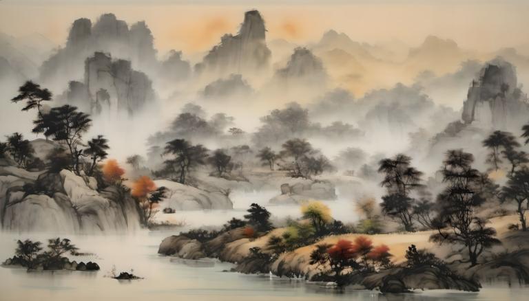 Chinese Paintings,Chinese Paintings, Nature, landscape, no humans, scenery, tree, mountain, water, outdoors