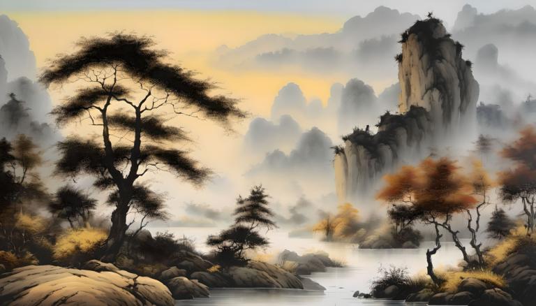 Chinese Paintings,Chinese Paintings, Nature, landscape, no humans, scenery, tree, nature, outdoors, mountain