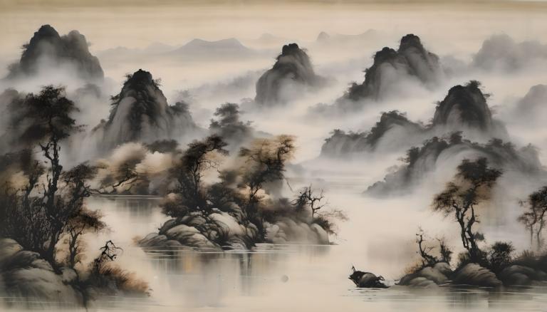 Chinese Paintings,Chinese Paintings, Nature, landscape, tree, scenery, no humans, mountain, water, fog