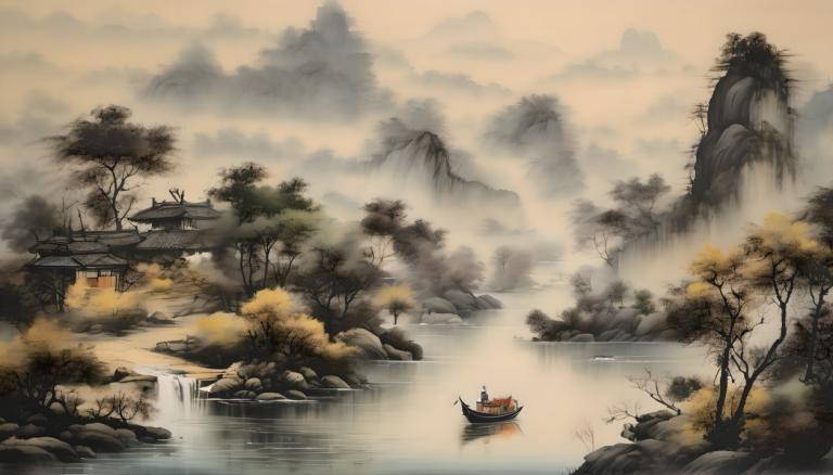 Chinese Paintings,Chinese Paintings, Nature, landscape, tree, scenery, watercraft, water, boat, no humans