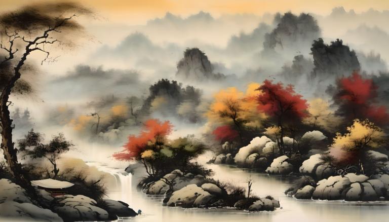 Peintures chinoises,Peintures chinoises, Nature, paysage, pas d'humains, paysage, cascade, arbre, eau, nature