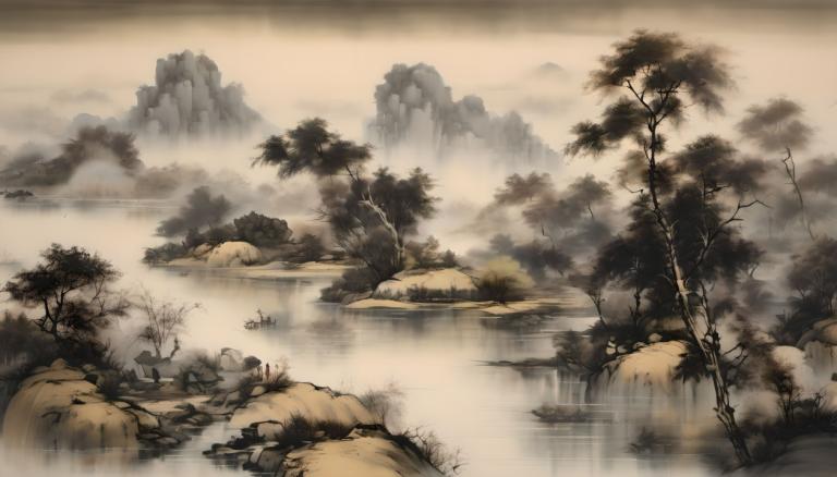 Chinese Paintings,Chinese Paintings, Nature, landscape, no humans, tree, scenery, water, mountain, outdoors