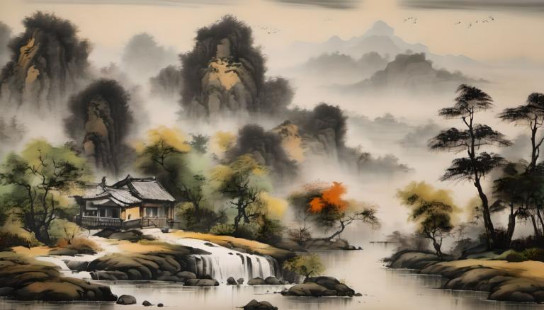 Chinese Paintings,Chinese Paintings, Nature, landscape, tree, no humans, scenery, mountain, rock, water, bird