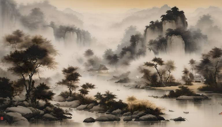 Chinese Paintings,Chinese Paintings, Nature, landscape, no humans, scenery, tree, water, rock, nature