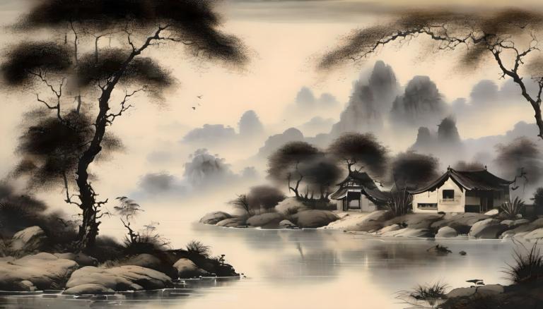 Chinese Paintings,Chinese Paintings, Nature, landscape, no humans, tree, scenery, architecture, water, house