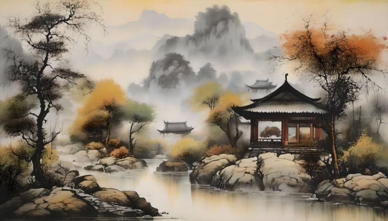 Chinese Paintings,Chinese Paintings, Nature, landscape, no humans, scenery, tree, water, outdoors