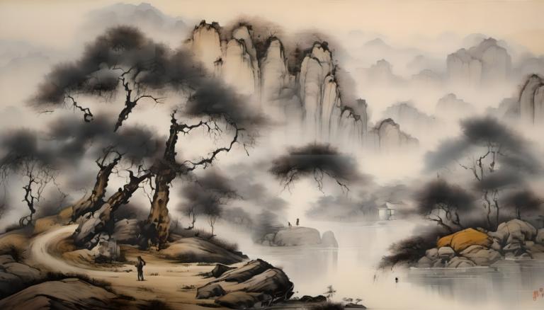 Chinese Paintings,Chinese Paintings, Nature, landscape, tree, scenery, fog, water, smoke, rock, waterfall