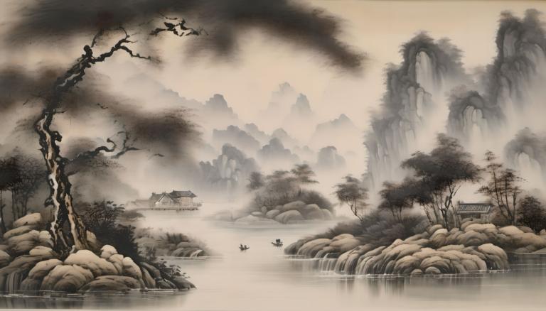 中国絵画,中国絵画, 自然, 風景, 木, 景色, 自然, 水, 人間がいない, 風景, 川, 山, 水上バイク, 屋外, 森, モノクロ, 雲, 橋, 湖