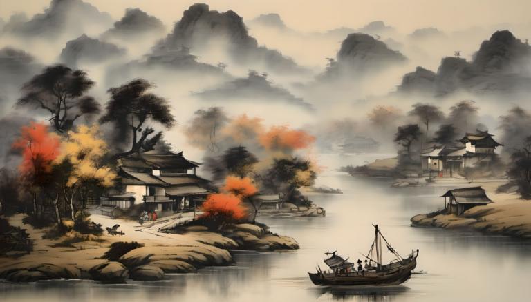 中国絵画,中国絵画, 自然, 風景, 水上バイク, 木, ボート, 景色, 東アジアの建築, 博麗霊夢, 建築, 川, 複数の女の子, 水, 橋, 山, 屋外