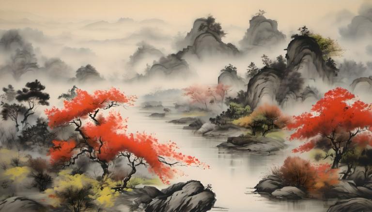 Chinesische Gemälde,Chinesische Gemälde, Natur, Landschaft, Landschaft, keine Menschen, Baum, Nebel, Natur