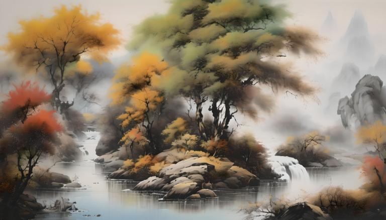 Chinese Paintings,Chinese Paintings, Nature, landscape, no humans, scenery, tree, water, waterfall, nature