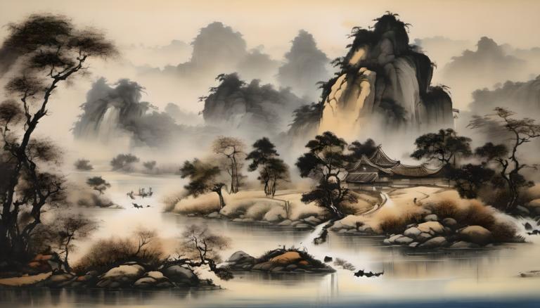 中国絵画,中国絵画, 自然, 風景, 人間がいない, 景色, 木, 水, 自然, 風景, 山, 屋外, 川, 滝, 森, ロック, 霧, 鳥, 湖