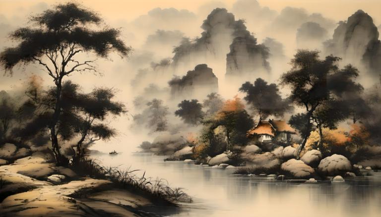 Peintures chinoises,Peintures chinoises, Nature, paysage, pas d'humains, paysage, arbre, eau, nature