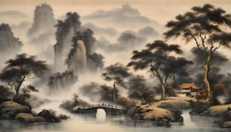 Chinesische Gemälde,Chinesische Gemälde, Natur, Landschaft, keine Menschen, Baum, Landschaft, Wasser, Brücke