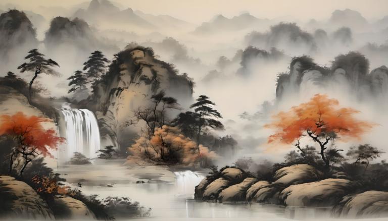 Peintures chinoises,Peintures chinoises, Nature, paysage, pas d'humains, cascade, paysage, arbre, eau, nature