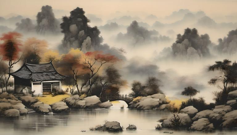 Chinese Paintings,Chinese Paintings, Nature, landscape, no humans, scenery, tree, water, rock, outdoors