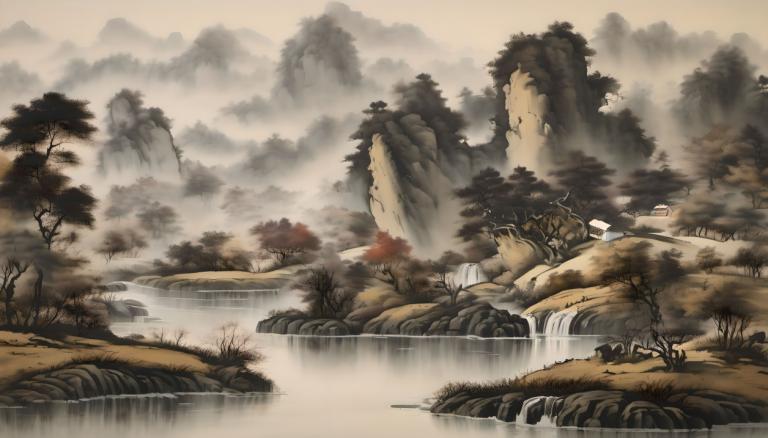 Chinese Paintings,Chinese Paintings, Nature, landscape, no humans, scenery, waterfall, tree, water, nature