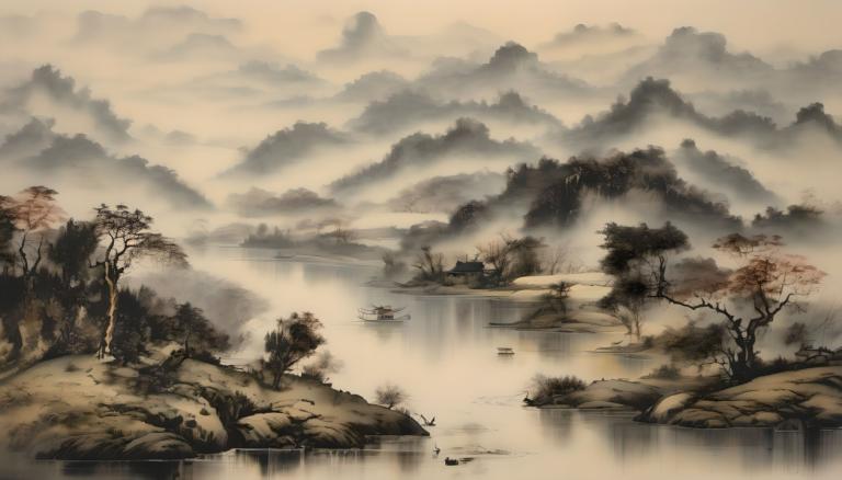 Peintures chinoises,Peintures chinoises, Nature, paysage, paysage, pas d'humains, arbre, paysage, nuage, eau