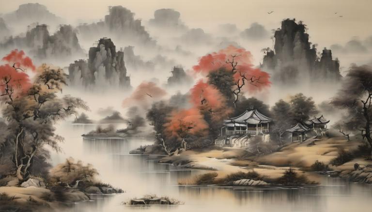 Peintures chinoises,Peintures chinoises, Nature, paysage, pas d'humains, paysage, arbre, architecture