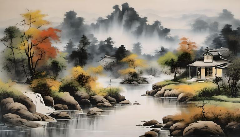 Peintures chinoises,Peintures chinoises, Nature, paysage, pas d'humains, arbre, paysage, eau, en plein air