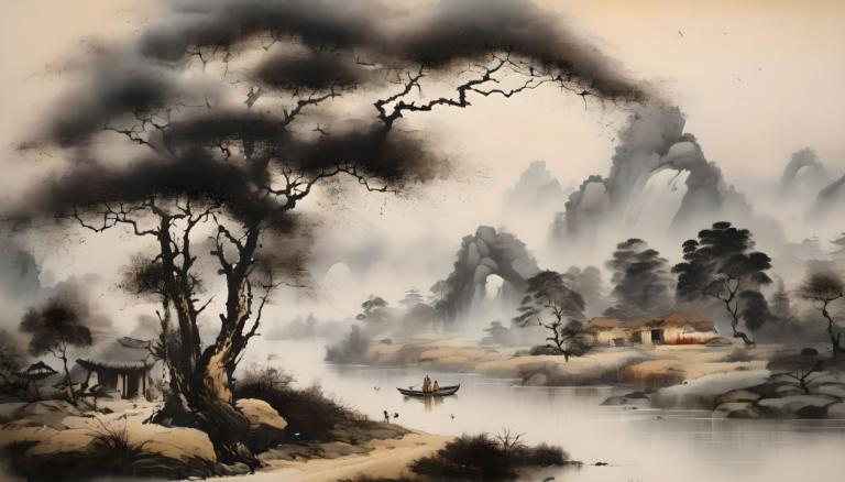 Chinese Paintings,Chinese Paintings, Nature, landscape, tree, scenery, smoke, fog, outdoors, bird, water