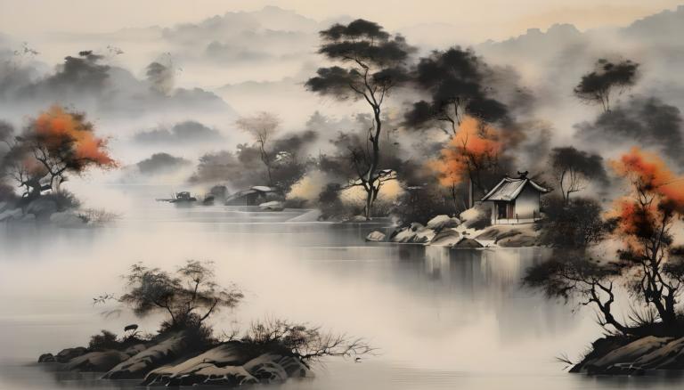 Peintures chinoises,Peintures chinoises, Nature, paysage, pas d'humains, paysage, arbre, eau, montagne