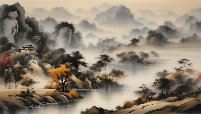 Peintures chinoises,Peintures chinoises, Nature, paysage, pas d'humains, paysage, arbre, eau, montagne