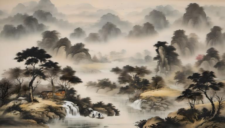 Peintures chinoises,Peintures chinoises, Nature, paysage, cascade, pas d'humains, arbre, paysage, eau, nature