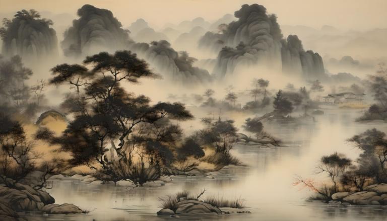 国画,国画, 自然, 风景, 没有人类, 树, 风景, 多雾路段, 水, 自然, 户外, 河, 景观, 岩石, 山, 森林, 瀑布