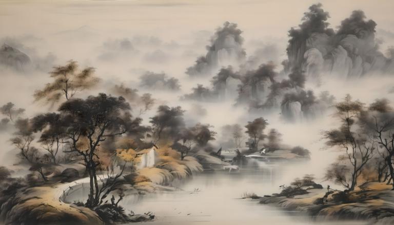 Chinese Paintings,Chinese Paintings, Nature, landscape, no humans, tree, scenery, waterfall, water, nature