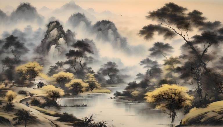 中国絵画,中国絵画, 自然, 風景, 景色, 木, 人間がいない, 自然, 屋外, 風景, 川, 森, 水, 湖, 山, 空, 霧, 雲