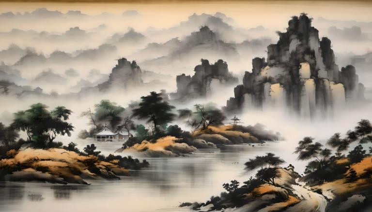 Chinese Paintings,Chinese Paintings, Nature, landscape, no humans, scenery, tree, mountain, waterfall, river