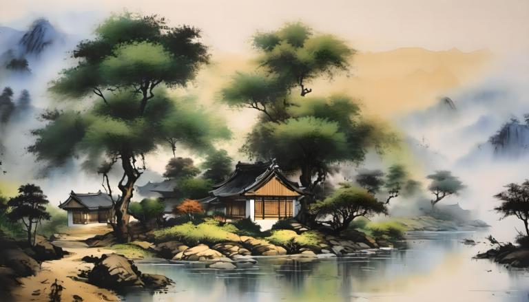 国画,国画, 自然, 风景, 没有人类, 树, 风景, 山, 户外, 自然, 水, 河, 房子, 东亚建筑, 建筑学, 森林, 天空, 岩石