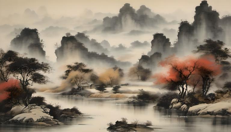 Peintures chinoises,Peintures chinoises, Nature, paysage, pas d'humains, arbre, paysage, brouillard, eau