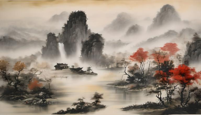 Peintures chinoises,Peintures chinoises, Nature, paysage, pas d'humains, paysage, arbre, eau, montagne