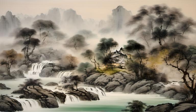 Chinese Paintings,Chinese Paintings, Nature, landscape, no humans, scenery, tree, waterfall, water, fog, rock