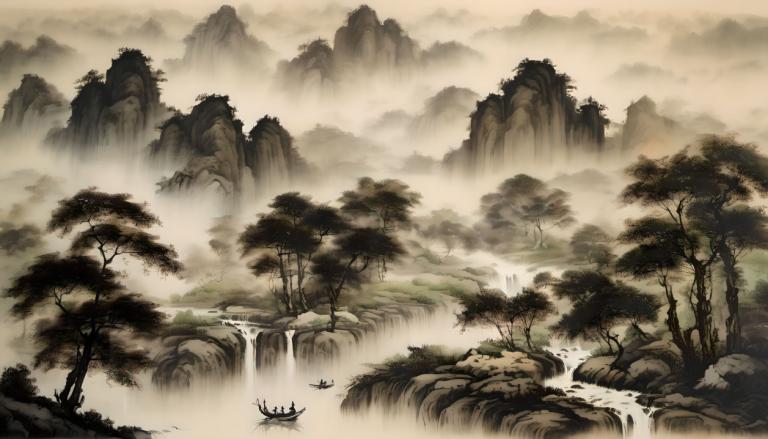 Chinese Paintings,Chinese Paintings, Nature, landscape, scenery, no humans, tree, waterfall, nature, water