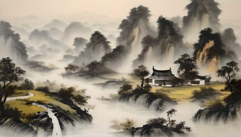 中国絵画,中国絵画, 自然, 風景, 景色, 人間がいない, 木, 水, 滝, 自然, 屋外, 風景, 建築, 山, 川, 東アジアの建築, 森, 霧