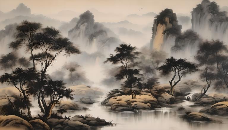 中国絵画,中国絵画, 自然, 風景, 人間がいない, 景色, 木, 水, 鳥, 山, 自然, 屋外, 滝, 川, 霧, 風景, 森, ロック