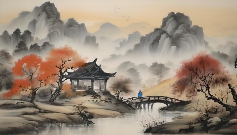 中国絵画,中国絵画, 自然, 風景, 木, 景色, 鳥, 橋, 水, 山, 屋外, 建築, 東アジアの建築, 川, ロック, 湖, 霧, ソロ