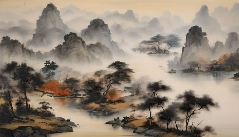 Chinese Paintings,Chinese Paintings, Nature, landscape, no humans, scenery, tree, outdoors, fog, water, river