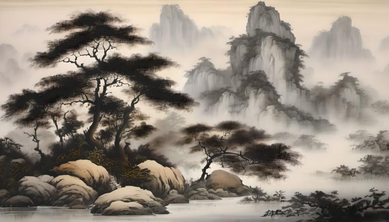 中国絵画,中国絵画, 自然, 風景, 人間がいない, 景色, 木, 山, 自然, 霧, 屋外, 風景, ロック, 森, 空