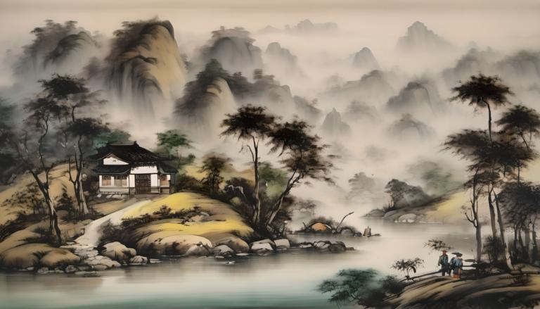 中国絵画,中国絵画, 自然, 風景, 木, 景色, 山, 1女の子, 川, ソロ, 青い髪, 水, ロック, 自然, 屋外, 帽子, 家, 風景, 森