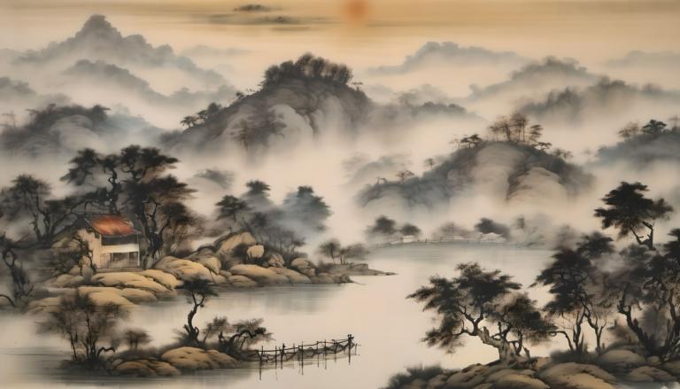 中国絵画,中国絵画, 自然, 風景, 人間がいない, 木, 景色, 山, 屋外, 自然, 雲, 風景, 空, 川, 霧, 森, 水, 太陽, 日没, 家