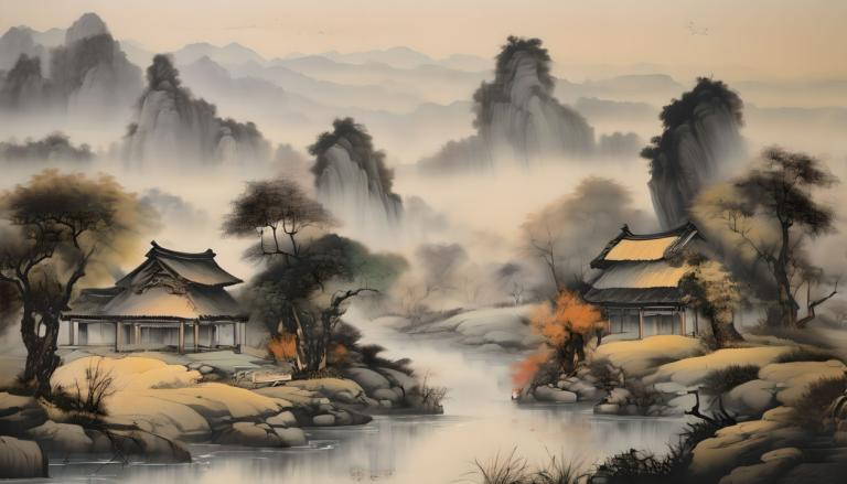 中国絵画,中国絵画, 自然, 風景, 人間がいない, 景色, 木, 山, 屋外, 水, 建築, 自然, ロック, 火, 東アジアの建築, 川, 家, 空