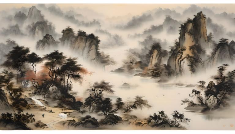 Chinese Paintings,Chinese Paintings, Nature, landscape, scenery, no humans, tree, fog, nature, outdoors