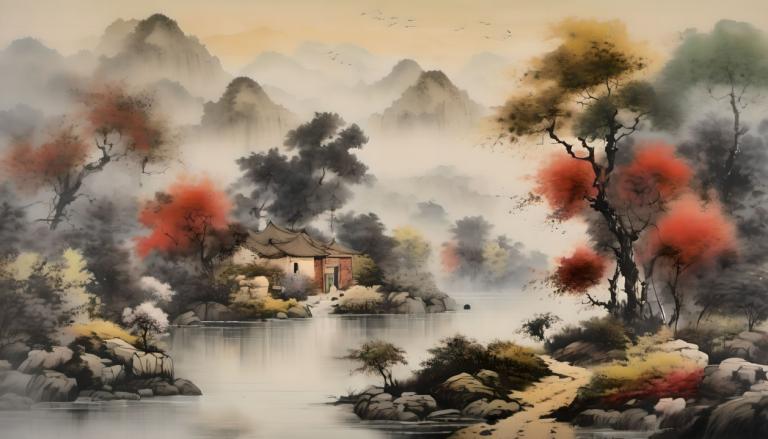 中国絵画,中国絵画, 自然, 風景, 人間がいない, 景色, 木, 屋外, 山, 水, ロック, 自然, 秋, 滝, 温泉, 鳥, 風景, 紅葉, 森, 蒸気, 空, 霧