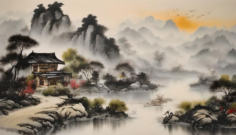 中国絵画,中国絵画, 自然, 風景, 木, 景色, 人間がいない, 山, 鳥, 水, 自然, 風景, 屋外, ロック, 森, 川, 日没, 東アジアの建築, 空, 雲, 建築