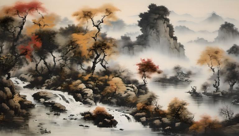 中国絵画,中国絵画, 自然, 風景, 人間がいない, 景色, 木, 水, 山, 自然, 風景, 滝, 屋外, 秋, 川, 葉, 霧, 紅葉, 森, ロック, カエデの葉